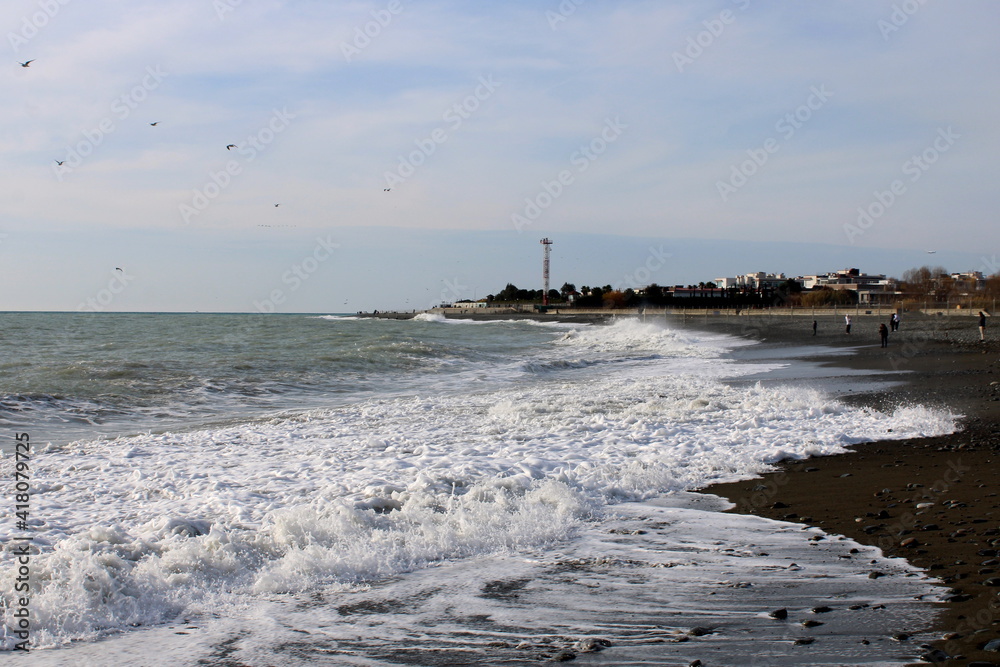 Sea surf on the Black Sea coast of the Caucasus in December.