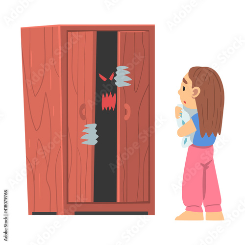 Childhood Fear with Scary Monster Peeped Out Wardrobe Frightening Little Girl Vector Illustration
