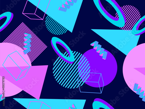 Memphis seamless pattern. Geometric elements memphis in the style of 80's. Trendy retro background for printing on paper, advertising materials and fabric. Vector illustration photo