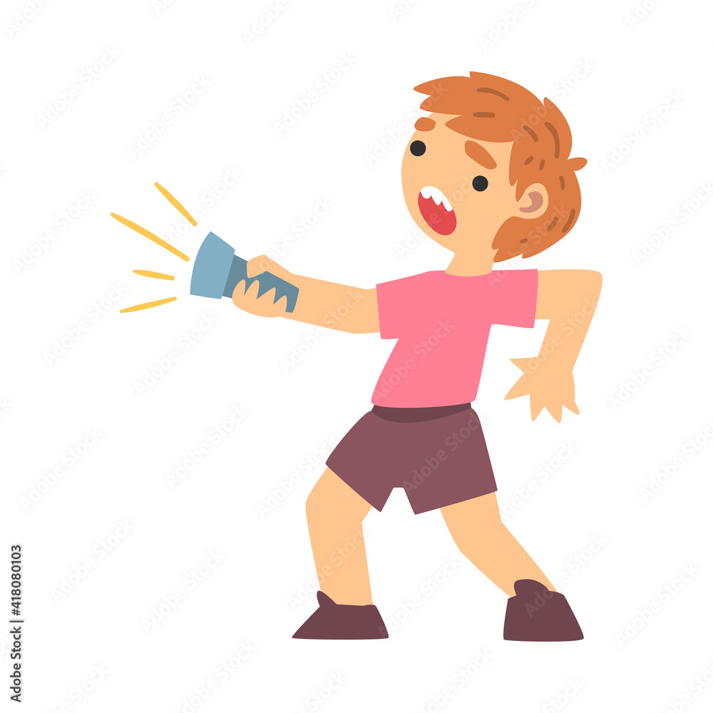 Little Fearful Boy with Flashlight Screaming Afraid of Something Vector Illustration Little Fearful Boy with Flashlight Screaming Afraid of Something Vector Illustration
