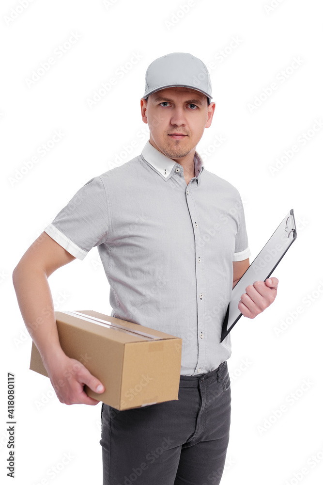 portrait of postman or delivery man in uniform with box and clipboard isolated on white portrait of postman or delivery man in uniform with box and clipboard isolated on white