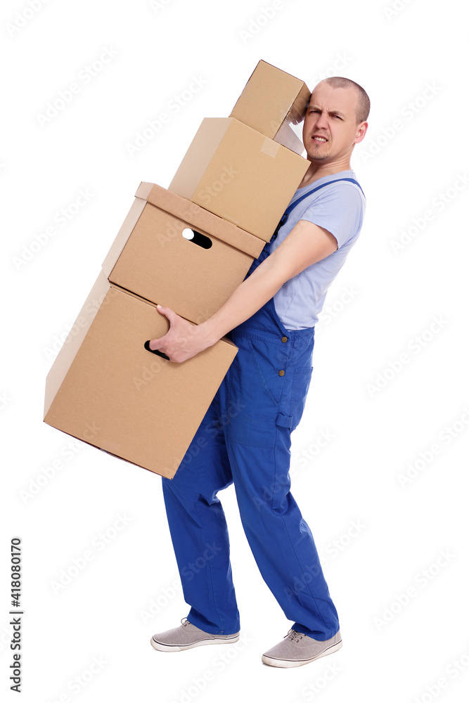 portrait of tired man loader in uniform with heap of boxes isolated on white portrait of tired man loader in uniform with heap of boxes isolated on white