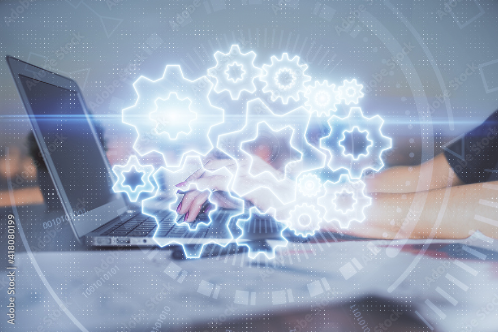 Multi exposure of woman hands typing on computer and business theme hologram drawing. Success concept. Multi exposure of woman hands typing on computer and business theme hologram drawing. Success concept.