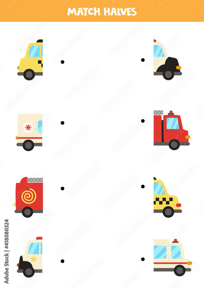 Match parts of cartoon transport. Logical game for children. Match parts of cartoon transport. Logical game for children.