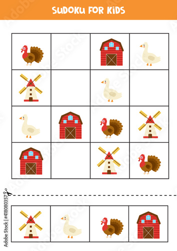 Sudoku game with cartoon farmhouse, mill, goose and turkey.