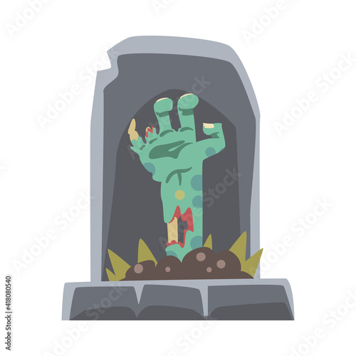 Spooky Zombie Bony Hand Peeped out from Tomb Vector Illustration