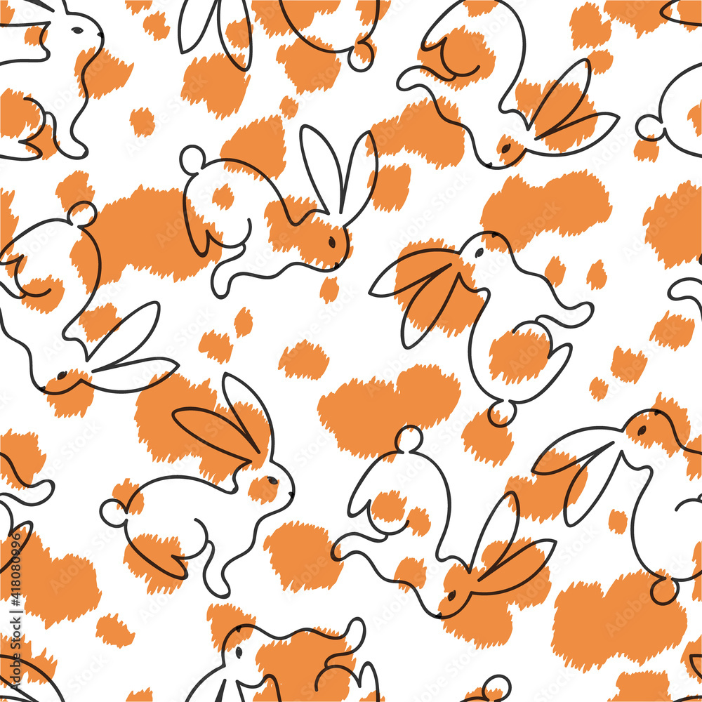 Fototapeta premium Hand Drawn Line Drawing Rabbits Vector Seamless Pattern