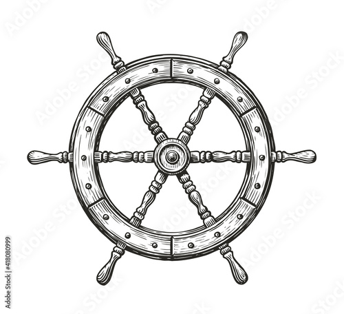 Wooden ship wheel. Sailing, nautical concept sketch vintage vector illustration