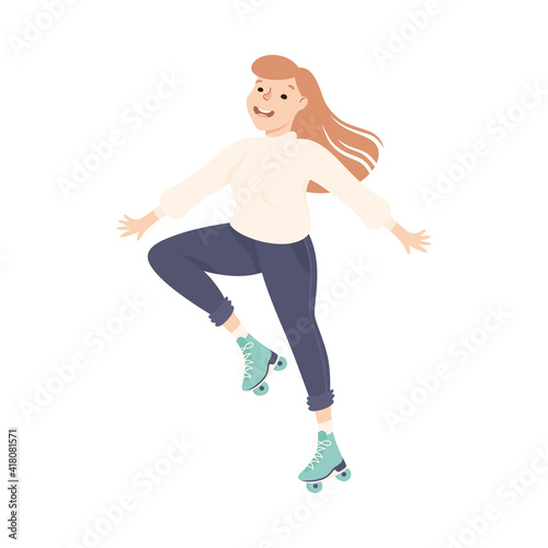 Cheerful Woman Character Dancing on Roller Skates Vector Illustration.