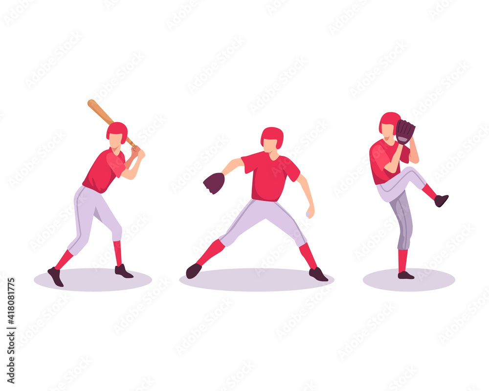 Baseball sport athlete. Man with bat and glove, Baseball players. Men athletes in uniform playing baseball at championship competition, Pitcher throw ball to batter. Vector illustration in flat style