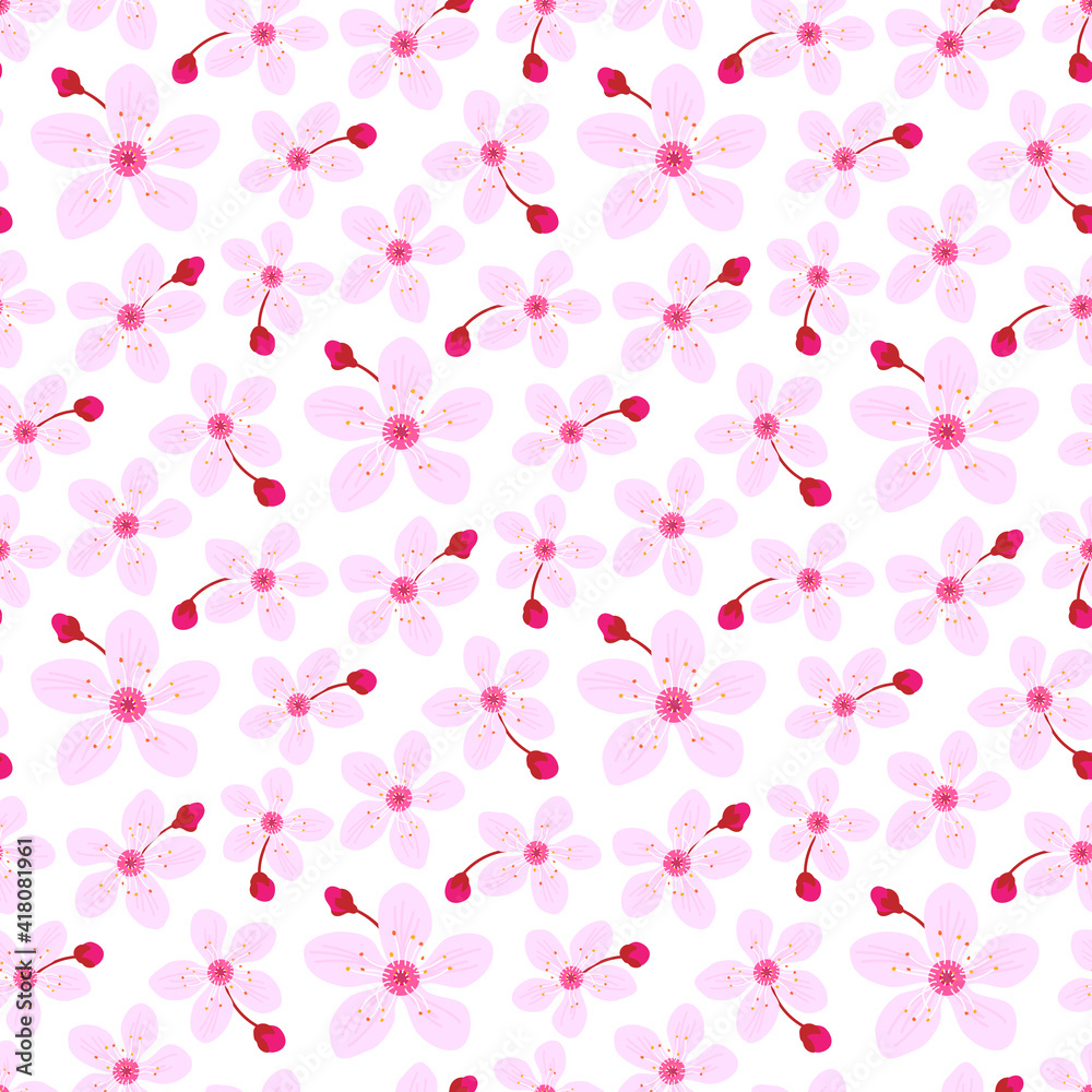 Cherry blossom spring seamless pattern, cute pink flower print background