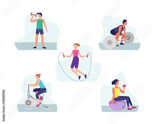 Fitness and gym sports illustration concept. Man and women at sport gym, Sport exercise character. People do exercise in gym, fitness healthy for body, Building muscle mass. Vector in a flat style