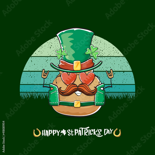 Happy saint patricks day greeting card with funky leprechaun potato character with green particks hat isolated on green background with vintage sun. Rock n roll saint Patrick vegetable character