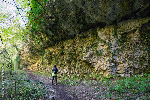 Trail at the Vikos Gorge, listed as the deepest gorge in the world by the Guinness Book of Records, in Epirus, Greece