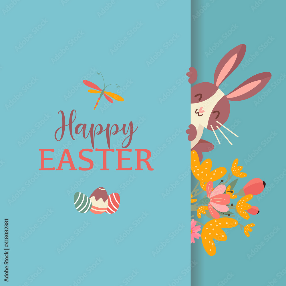 Obraz Colourful greeting card Happy Easter with flowers and peeping out rabbit on blue background