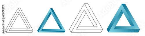 Set of four impossible triangles. Eternal figures. Penrose optical illusion. Abstract infinite color geometric objects. Isolated on white background. Eendless triangular shape. Vector illustration.
