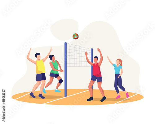 Concept illustration of playing volleyball. Men and women playing volleyball on the court, Teamwork sports. People playing volleyball together, sport, healthy lifestyle. Vector in a flat style