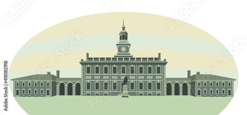 Independence Hall building from the reverce of a hundred dollar bill. Vector illustration