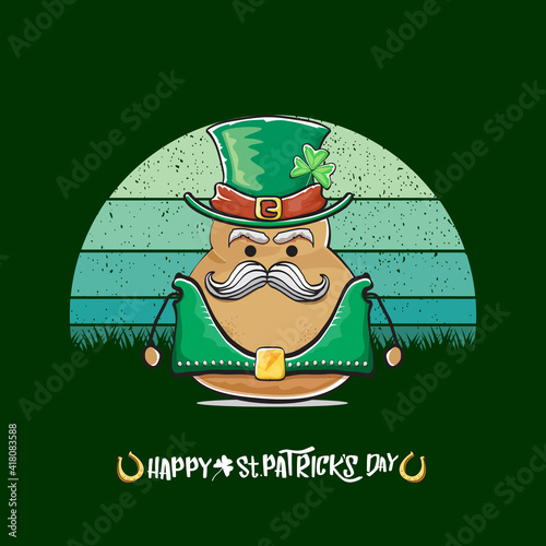 Happy saint patricks day greeting card with funky leprechaun potato character with green particks hat isolated on green background with vintage sun. Rock n roll saint Patrick vegetable character photo