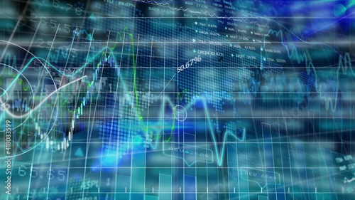 Animation of financial data processing over lines fluctuating