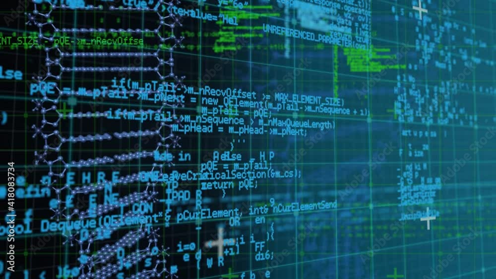 Animation of 3d dna strand spinning and scientific data processing over grid in background