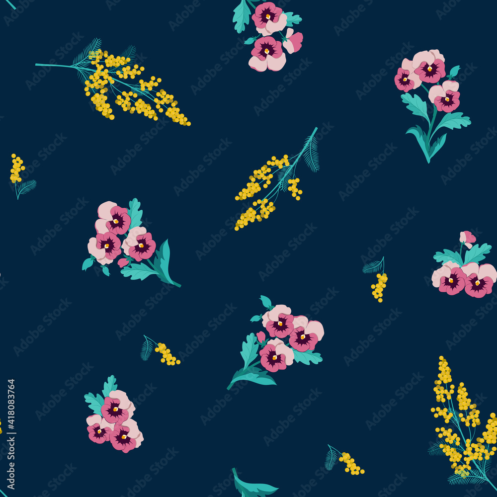 Seamless vector spring illustration with pansies and mimosa on a dark background. For decorating textiles, packaging, web design.