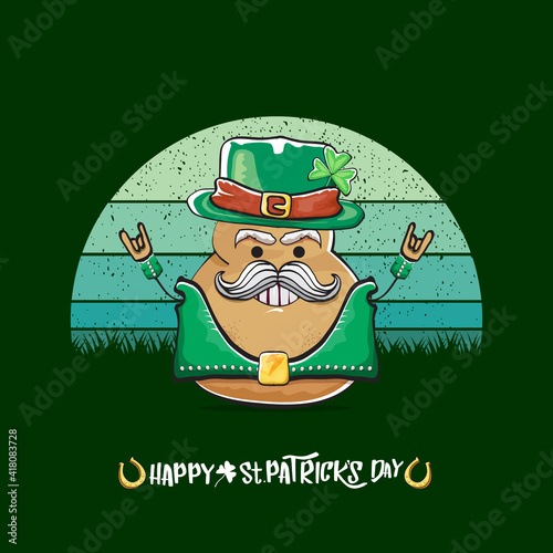 Happy saint patricks day greeting card with funky leprechaun potato character with green particks hat isolated on green background with vintage sun. Rock n roll saint Patrick vegetable character photo