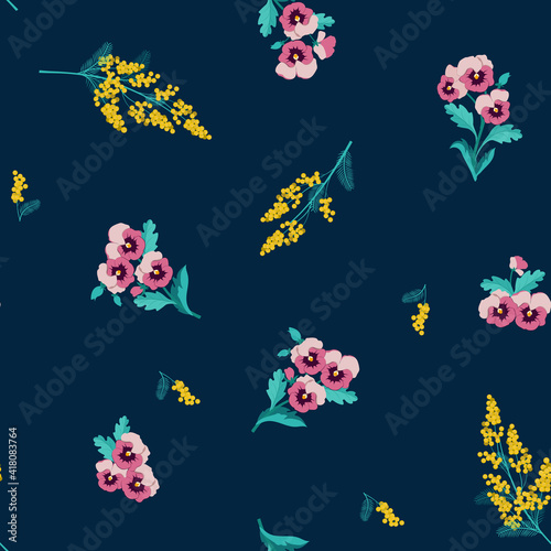 Seamless vector spring illustration with pansies and mimosa on a dark background. For decorating textiles, packaging, web design.