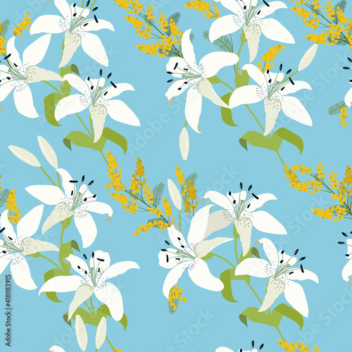 Vector seamless illustration spring mimosa and white lily on a turquoise background.