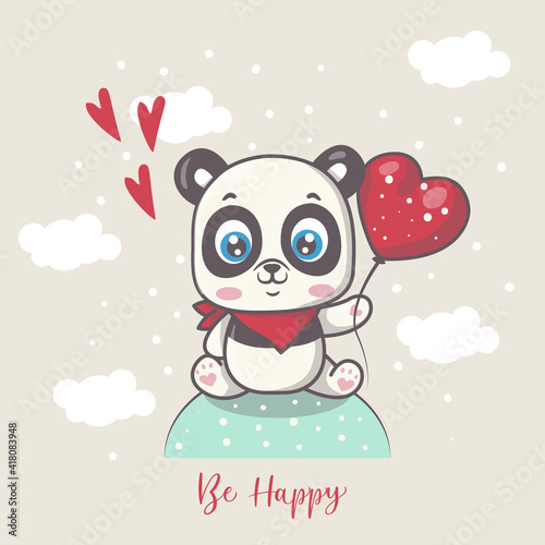 Cute happy panda with heart balloon vector illustration