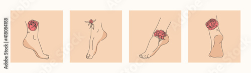 Elegant female feet with flowers. Human legs and heels. Trendy vector illustration in minimalistic style. Plants and flowers rose line.