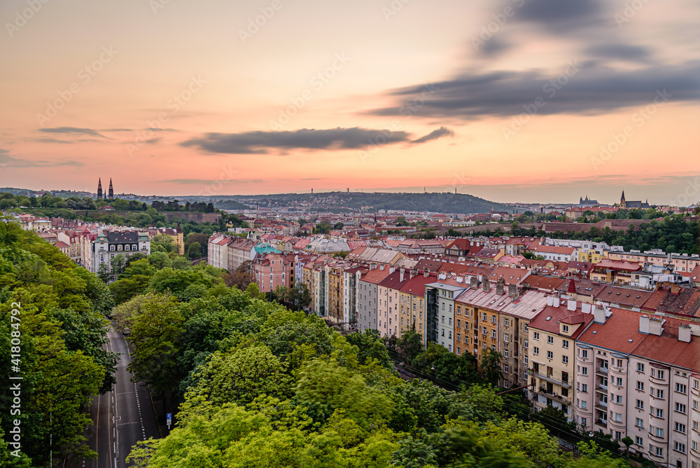 A colorful sunset over the the Prague cityscape in Czech republic.