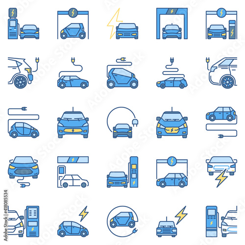 Electric Car modern colored icons collection - EV concept vector signs or logo elements