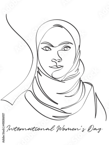 Continuous line drawing of a woman in hijab in conjunction of International Women's Day on white background. Vector illustration.