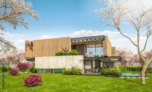3d rendering of modern cozy house with parking and pool for sale or rent with wood plank facade and beautiful landscaping. Fresh spring day with a blooming trees with flowers of sakura on background