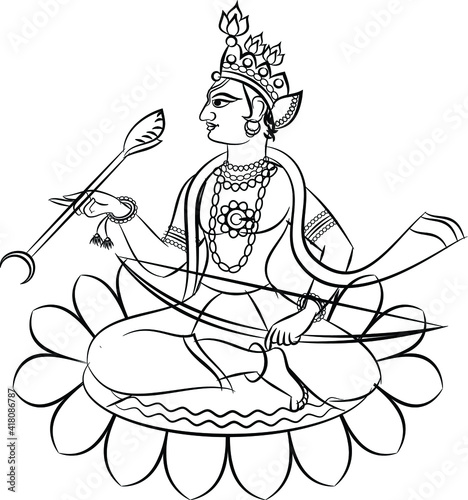 Lord Rama, the Hindu god. sitting on a lotus with a bow and arrow. for textile printing, logo, wallpaper