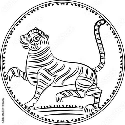 Tiger drew in Ganjfa style. Ganjifa is a traditional game of cards that has over a period of time, evolved into an art form. folk art from Maharashtra, India textile printing, logo, wallpaper