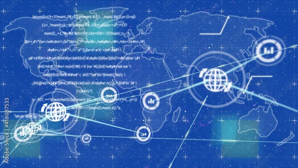 Animation of interface showing world map and network of connected icons with information on blue Animation of interface showing world map and network of connected icons with information on blue