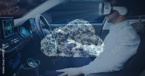 Animation of a cloud of network connections with man in vr headset using self driving car photo