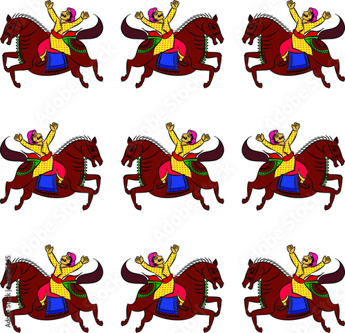 worrier drew in Ganjfa style. Ganjifa is a traditional game of cards that has over a period of time, evolved into an art form. folk art from India textile printing, logo, wallpaper