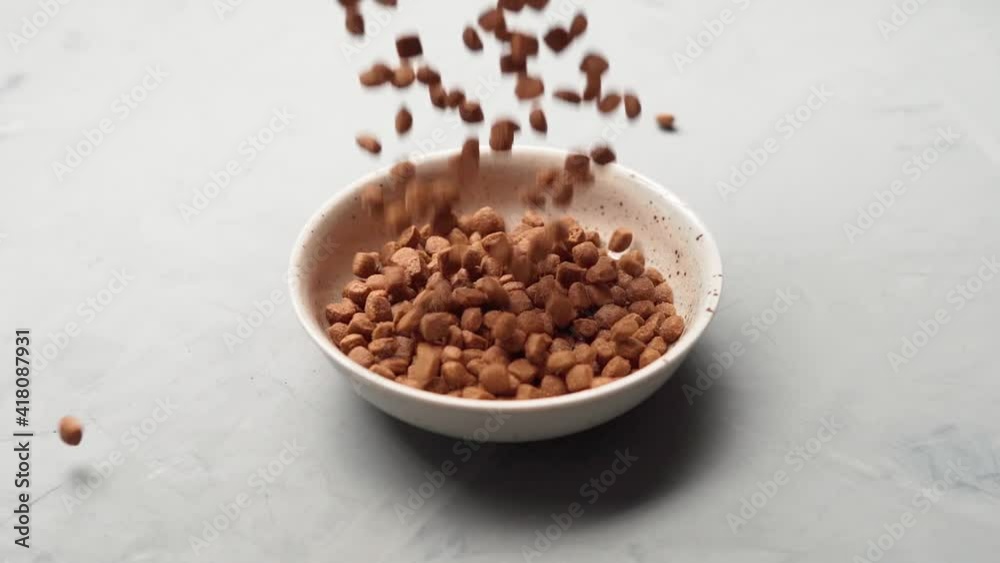 Dry cat food slowly falls into a plate on a gray surface Dry cat food slowly falls into a plate on a gray surface