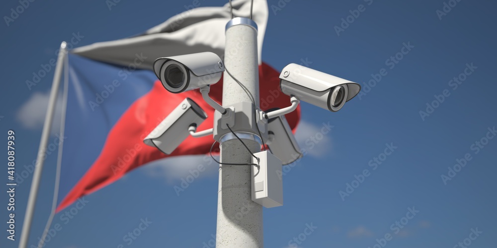 Security cameras near flag of the Czech Republic, 3d rendering Security cameras near flag of the Czech Republic, 3d rendering