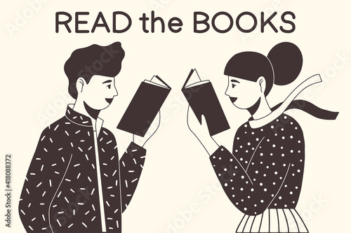 Young couple reading books. Book lovers, fans of literature. Concept of Book Week or World Book Day. Flat vector illustration isolated on white background.