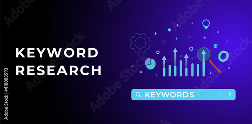 Keyword Research and Optimization SEO concept. Selection and analysis popular search terms with search engine optimization. Keyword Ranking with search bar and chart icons.