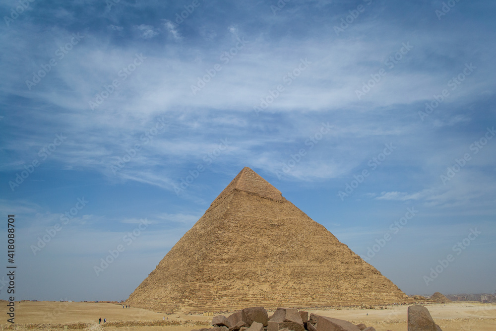 Cairo, Egypt - 09 Feb 2021. Great pyramids of ancient Egypt in Giza, Cairo Cairo, Egypt - 09 Feb 2021. Great pyramids of ancient Egypt in Giza, Cairo