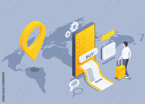 isometric vector image on a gray background, a man ordered tickets via the Internet on a smartphone, booking a ticket via smartphone