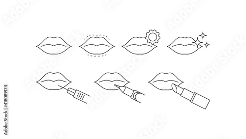Set of icons for permanent makeup, feather, micro blade lips tattoo salon procedures. Eps 10 vector illustration.
