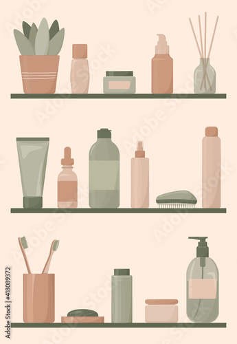Shelves with cosmetic shampoos, oils, lotions, liquid soaps and toothbrushes. Bathroom. Vector illustration