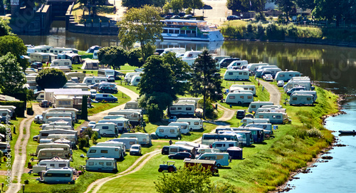 Aerial view of a site for caravans and mobile homes on the banks of the river Weser