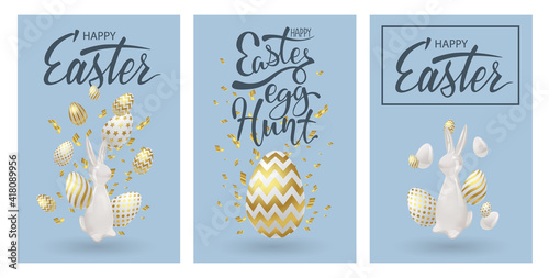Easter posters or flyers design set with realistic 3d decoration. Golden eggs, ceramic bunny and cold confetti. Happy easter celebrating event cards, egg festival banners. Vector illustration.